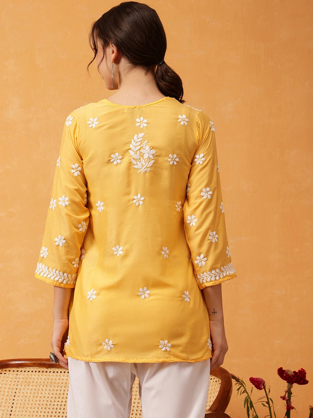 Ada Hand Embroidered Yellow Muslin Lucknowi Chikankari Short Kurti A911423