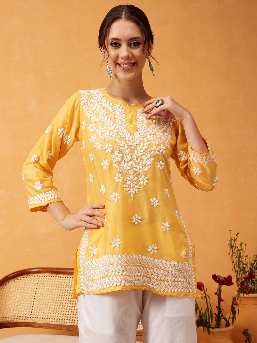 Ada Hand Embroidered Yellow Muslin Lucknowi Chikankari Short Kurti A911423