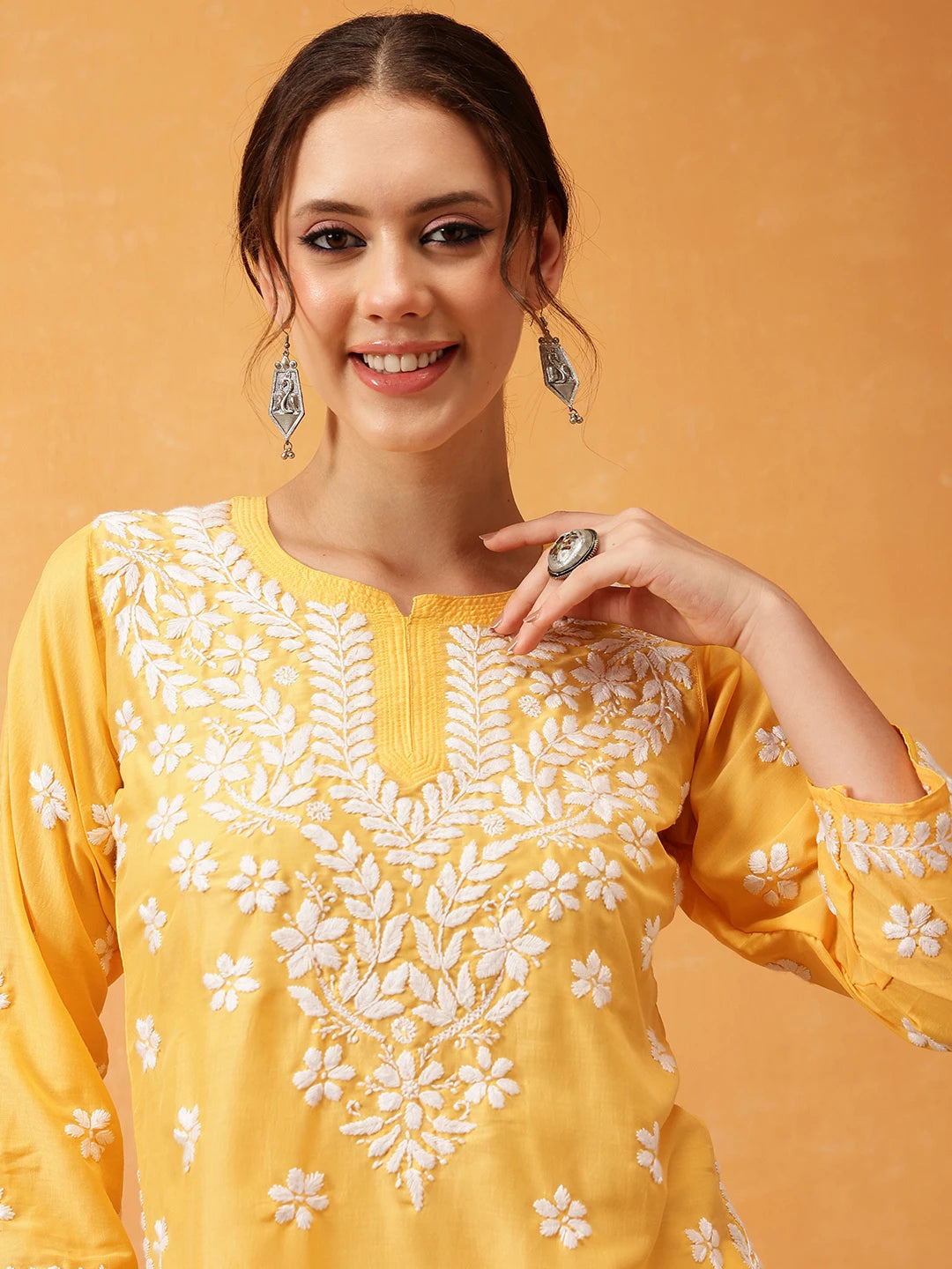 Ada Hand Embroidered Yellow Muslin Lucknowi Chikankari Short Kurti A911423