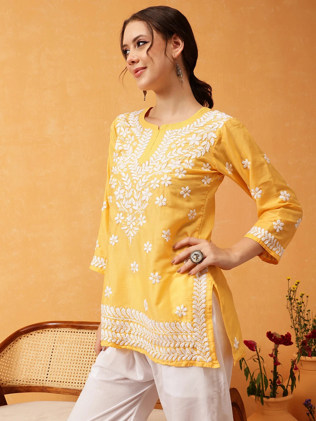 Ada Hand Embroidered Yellow Muslin Lucknowi Chikankari Short Kurti A911423