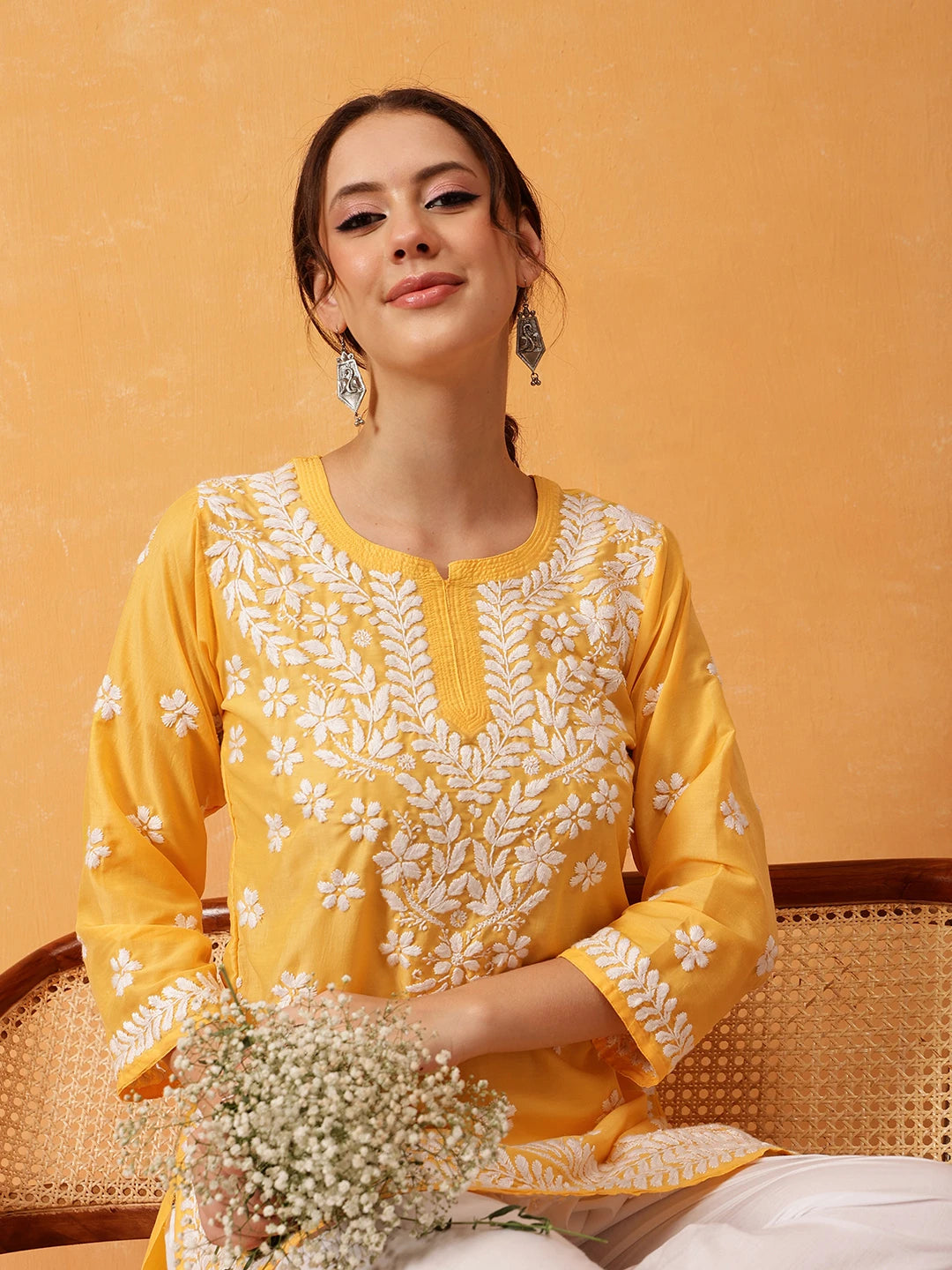 Ada Hand Embroidered Yellow Muslin Lucknowi Chikankari Short Kurti A911423
