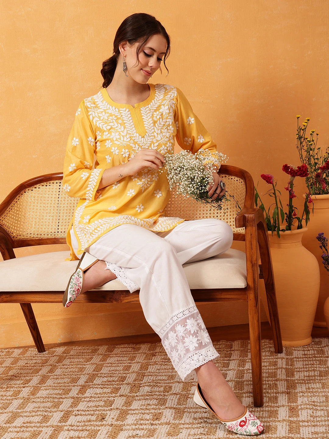 Ada Hand Embroidered Yellow Muslin Lucknowi Chikankari Short Kurti A911423