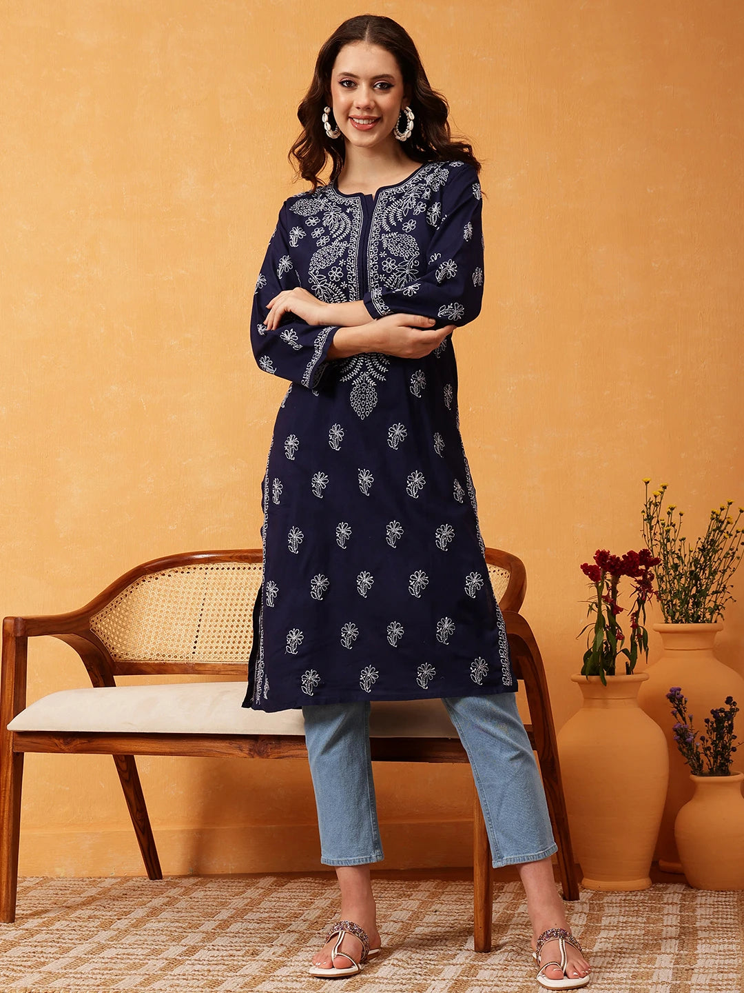 Ada Hand Embroidered Navy Blue Cotton Lucknowi Chikankari Straight Kurta A411600