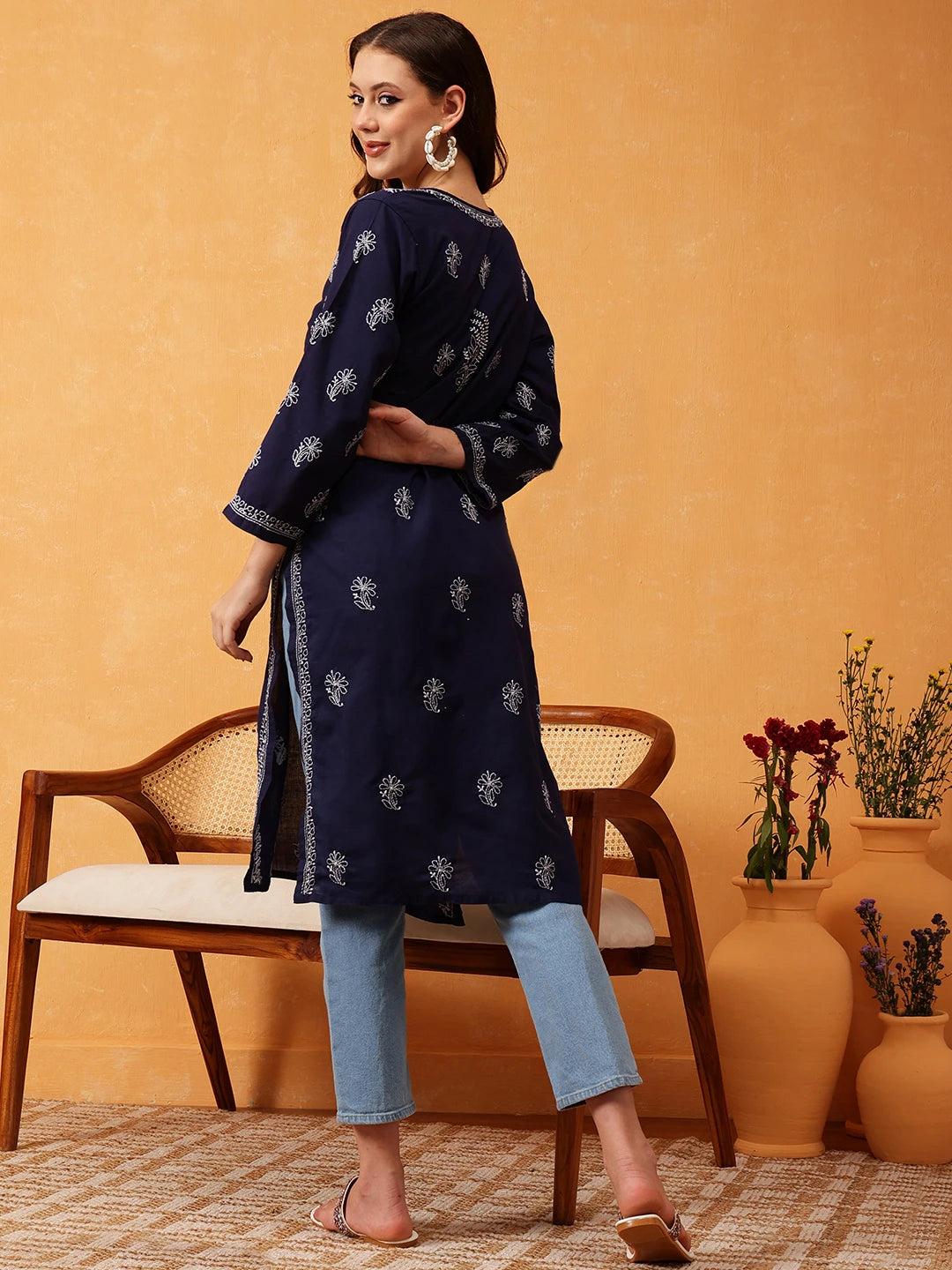 Ada Hand Embroidered Navy Blue Cotton Lucknowi Chikankari Straight Kurta A411600