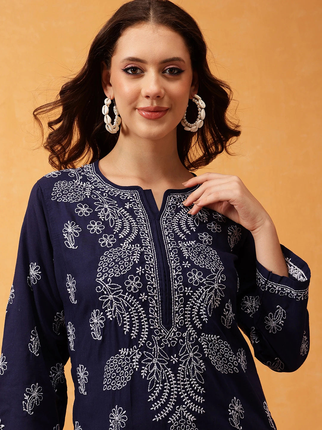 Ada Hand Embroidered Navy Blue Cotton Lucknowi Chikankari Straight Kurta A411600