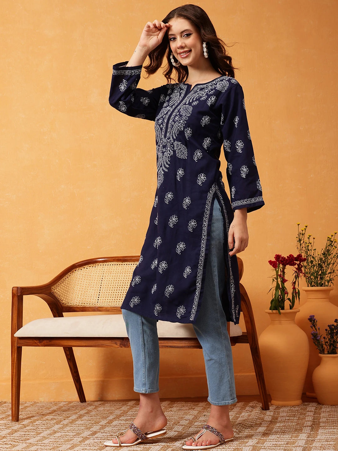 Ada Hand Embroidered Navy Blue Cotton Lucknowi Chikankari Straight Kurta A411600