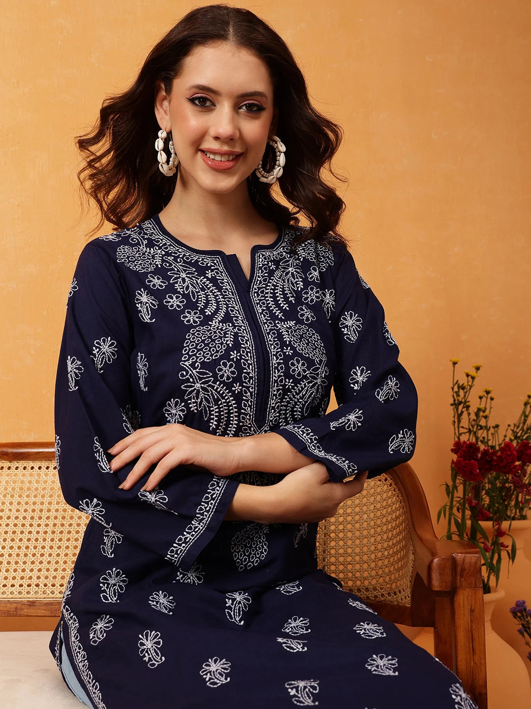 Ada Hand Embroidered Navy Blue Cotton Lucknowi Chikankari Straight Kurta A411600