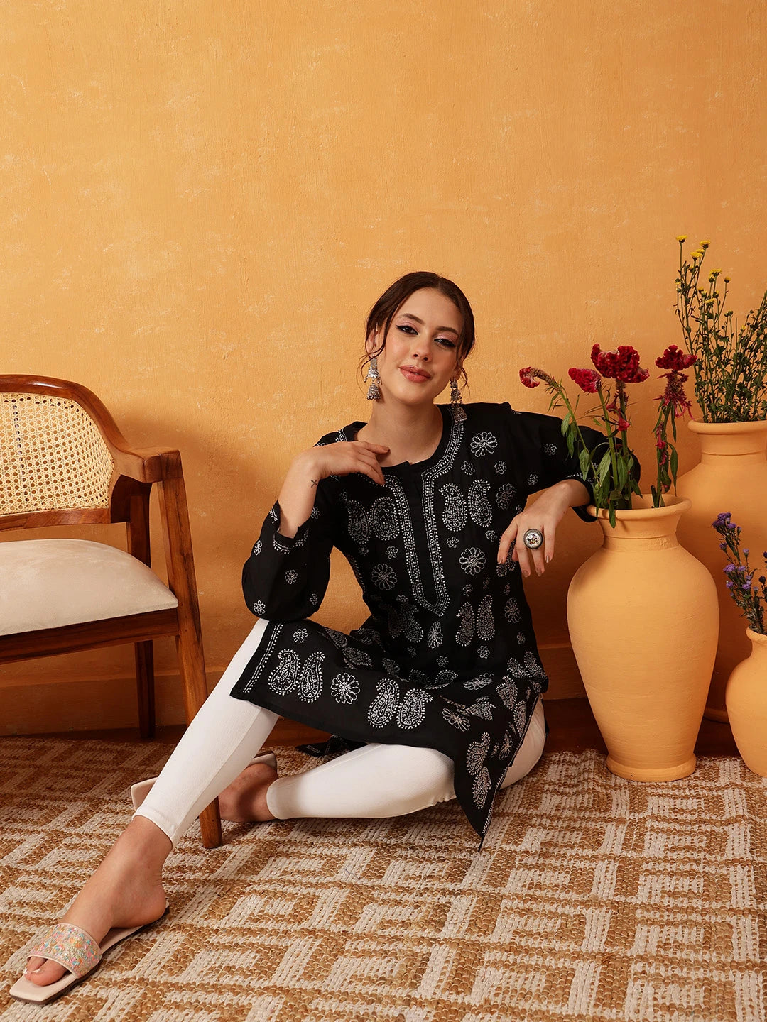 Ada Hand Embroidered Black Cotton Lucknowi Chikankari Straight Kurta A411631