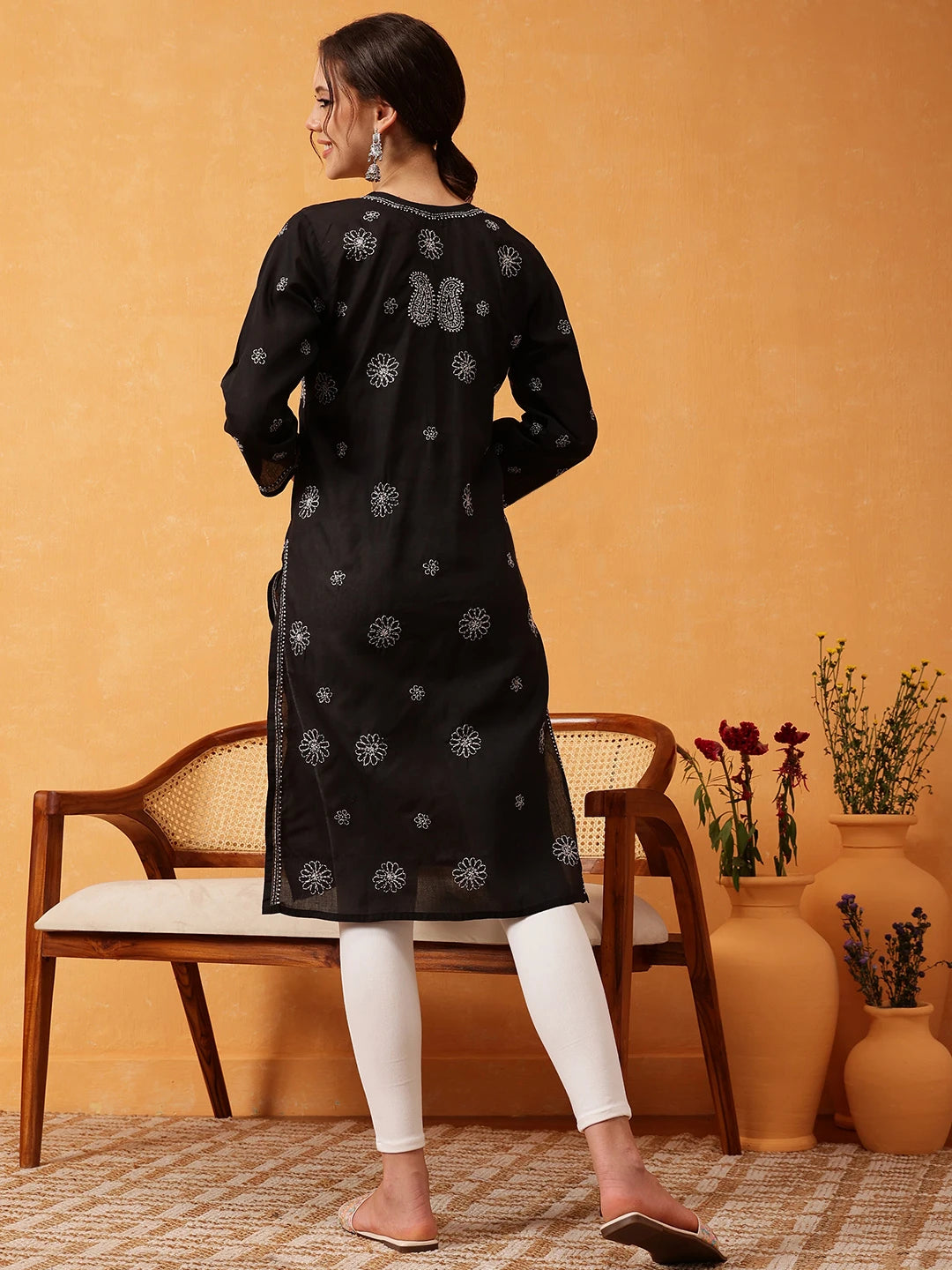 Ada Hand Embroidered Black Cotton Lucknowi Chikankari Straight Kurta A411631