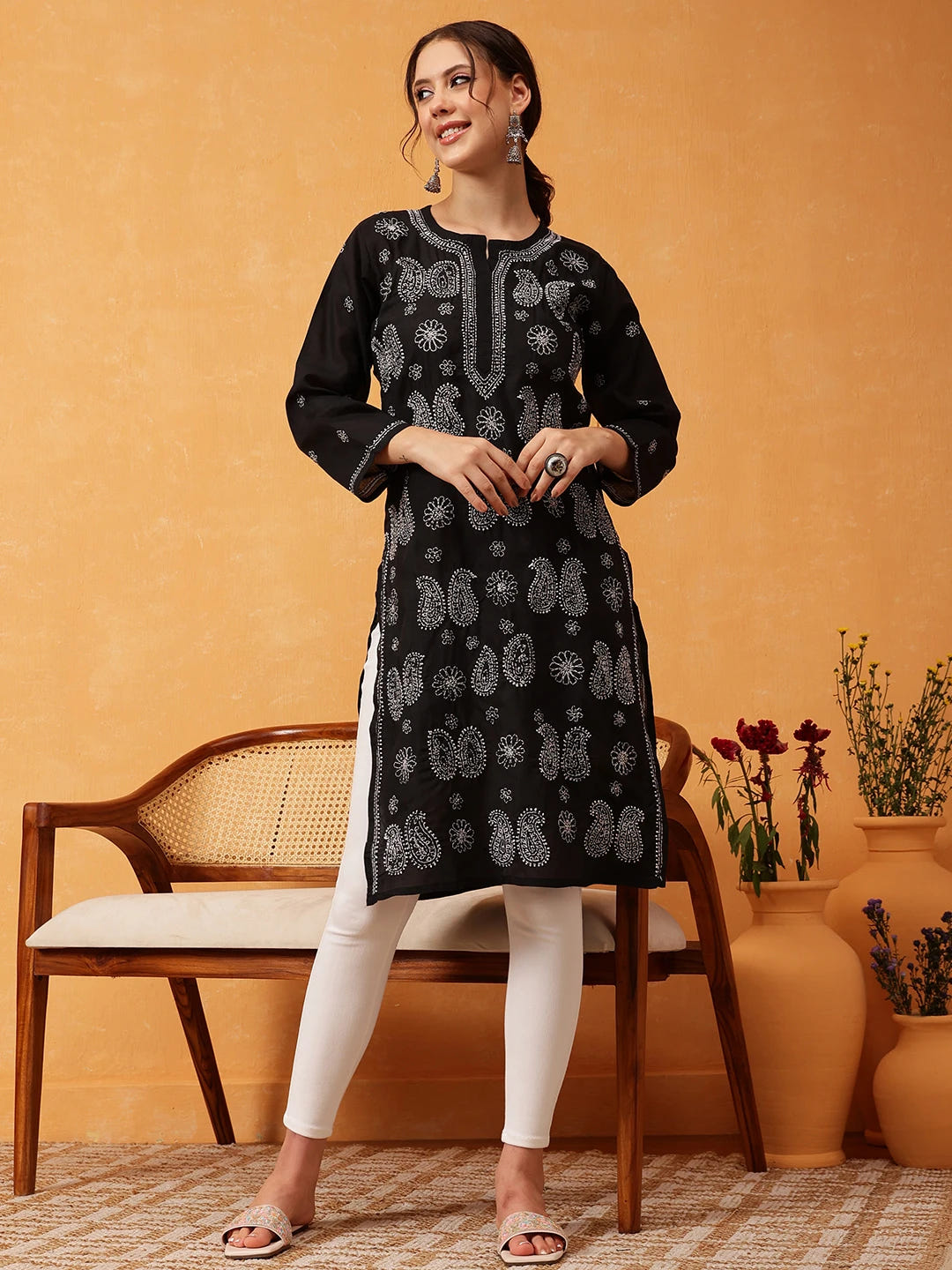 Ada Hand Embroidered Black Cotton Lucknowi Chikankari Straight Kurta A411631