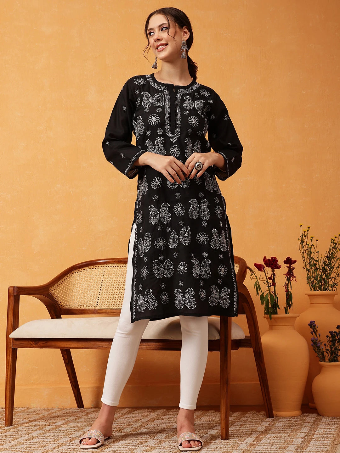 Ada Hand Embroidered Black Cotton Lucknowi Chikankari Straight Kurta A411631