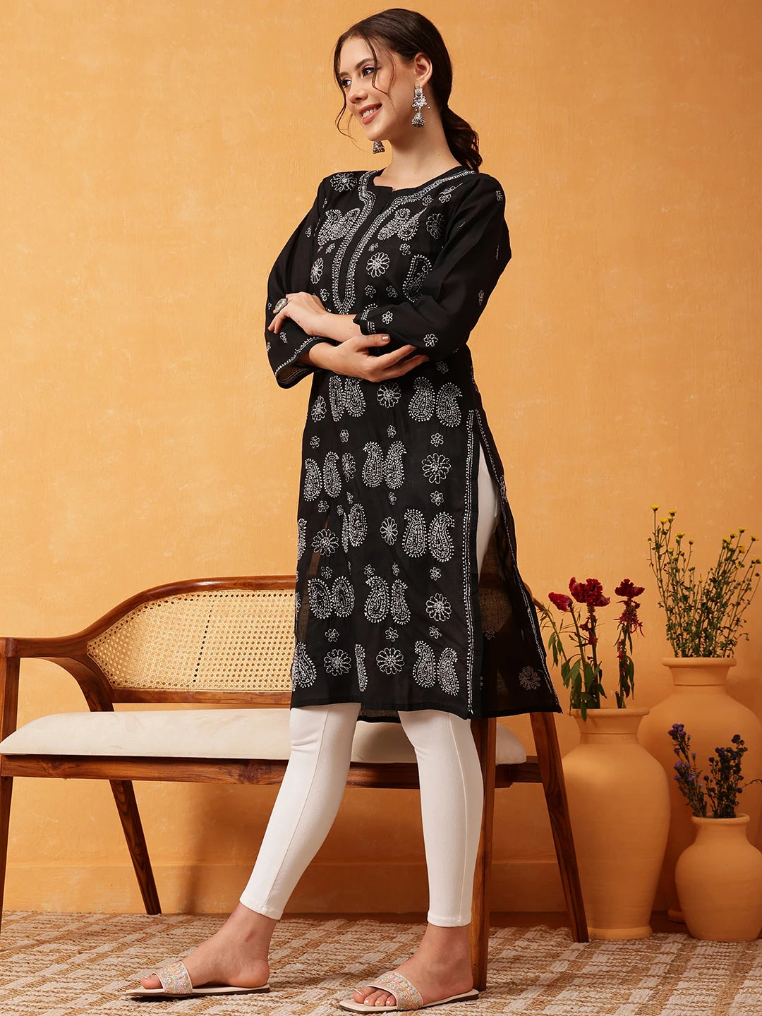 Ada Hand Embroidered Black Cotton Lucknowi Chikankari Straight Kurta A411631