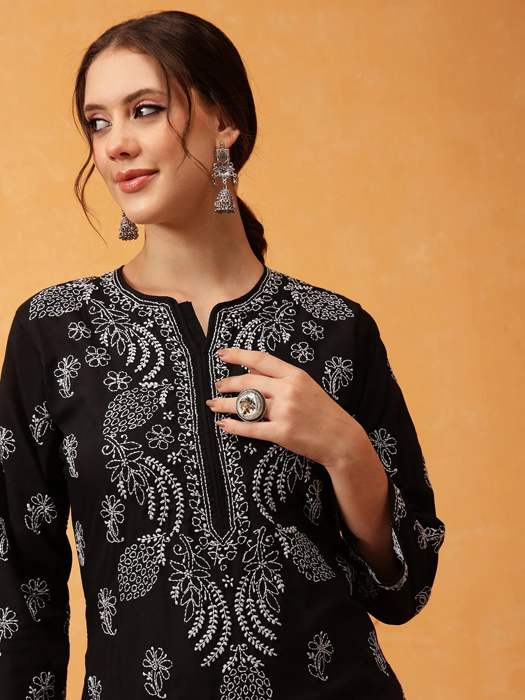 Ada Hand Embroidered Black Cotton Lucknowi Chikankari Straight Kurta A411604
