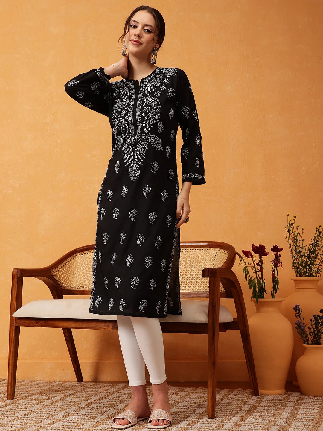 Ada Hand Embroidered Black Cotton Lucknowi Chikankari Straight Kurta A411604