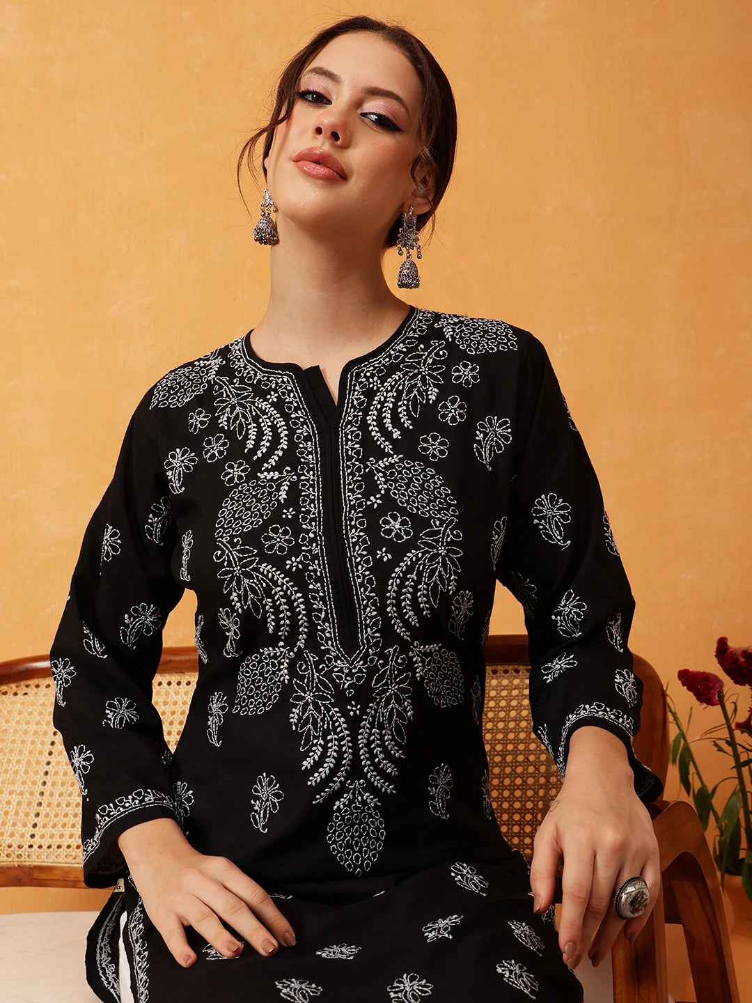 Ada Hand Embroidered Black Cotton Lucknowi Chikankari Straight Kurta A411604