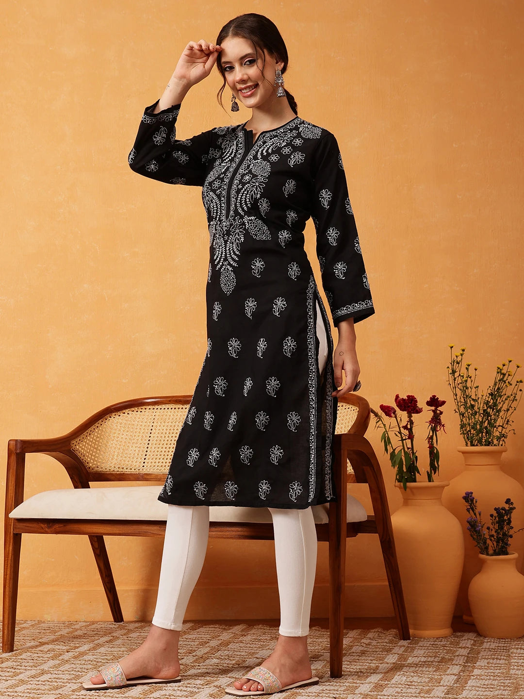 Ada Hand Embroidered Black Cotton Lucknowi Chikankari Straight Kurta A411604