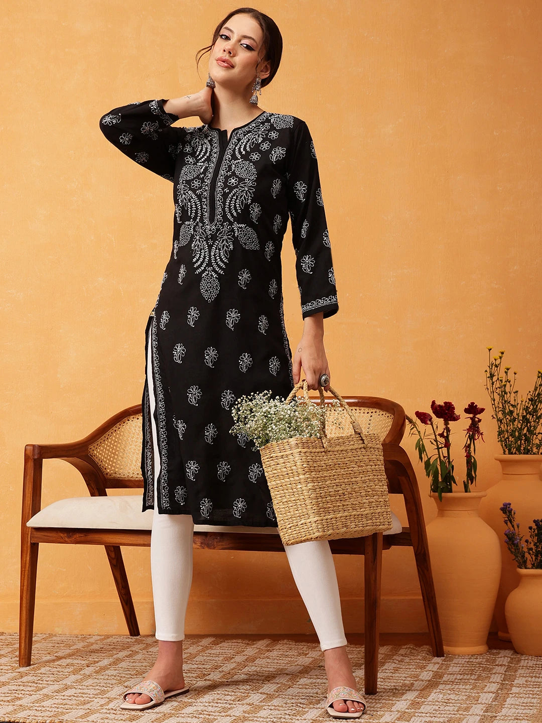 Ada Hand Embroidered Black Cotton Lucknowi Chikankari Straight Kurta A411604