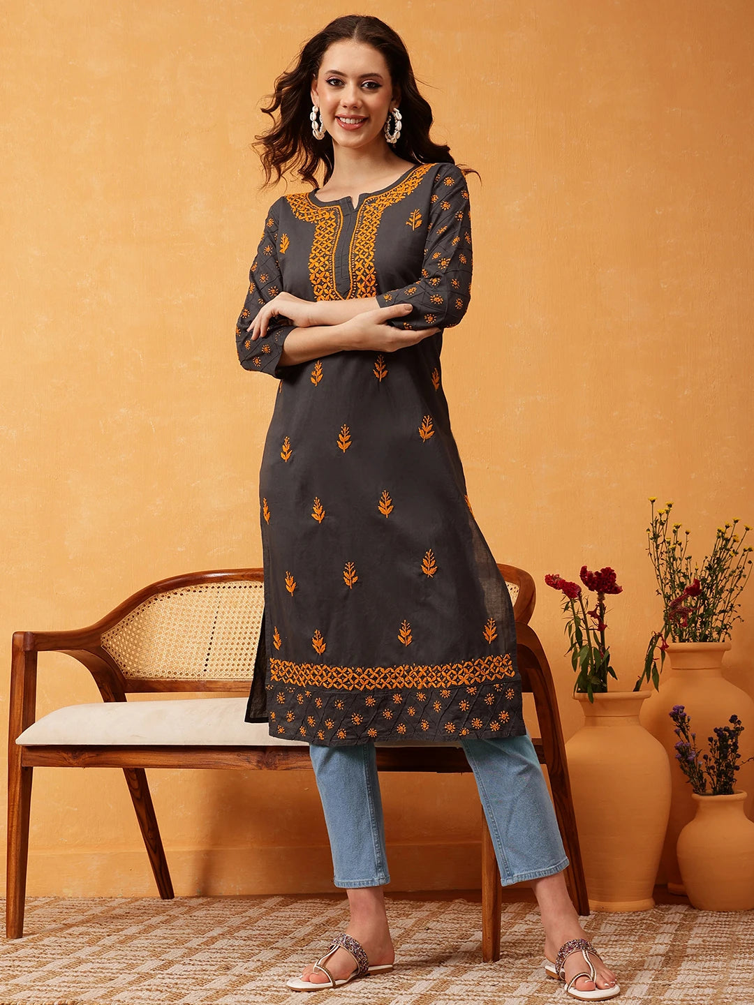 Ada Hand Embroidered Grey Cotton Lucknowi Chikankari Straight Kurta A411149
