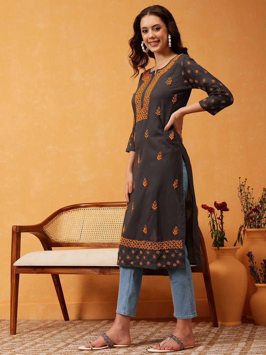 Ada Hand Embroidered Grey Cotton Lucknowi Chikankari Straight Kurta A411149