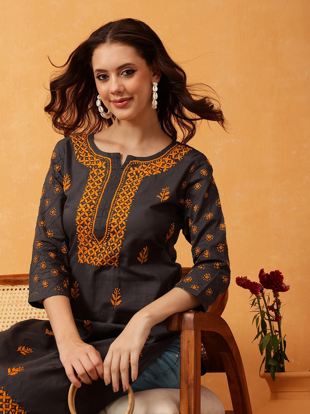 Ada Hand Embroidered Grey Cotton Lucknowi Chikankari Straight Kurta A411149