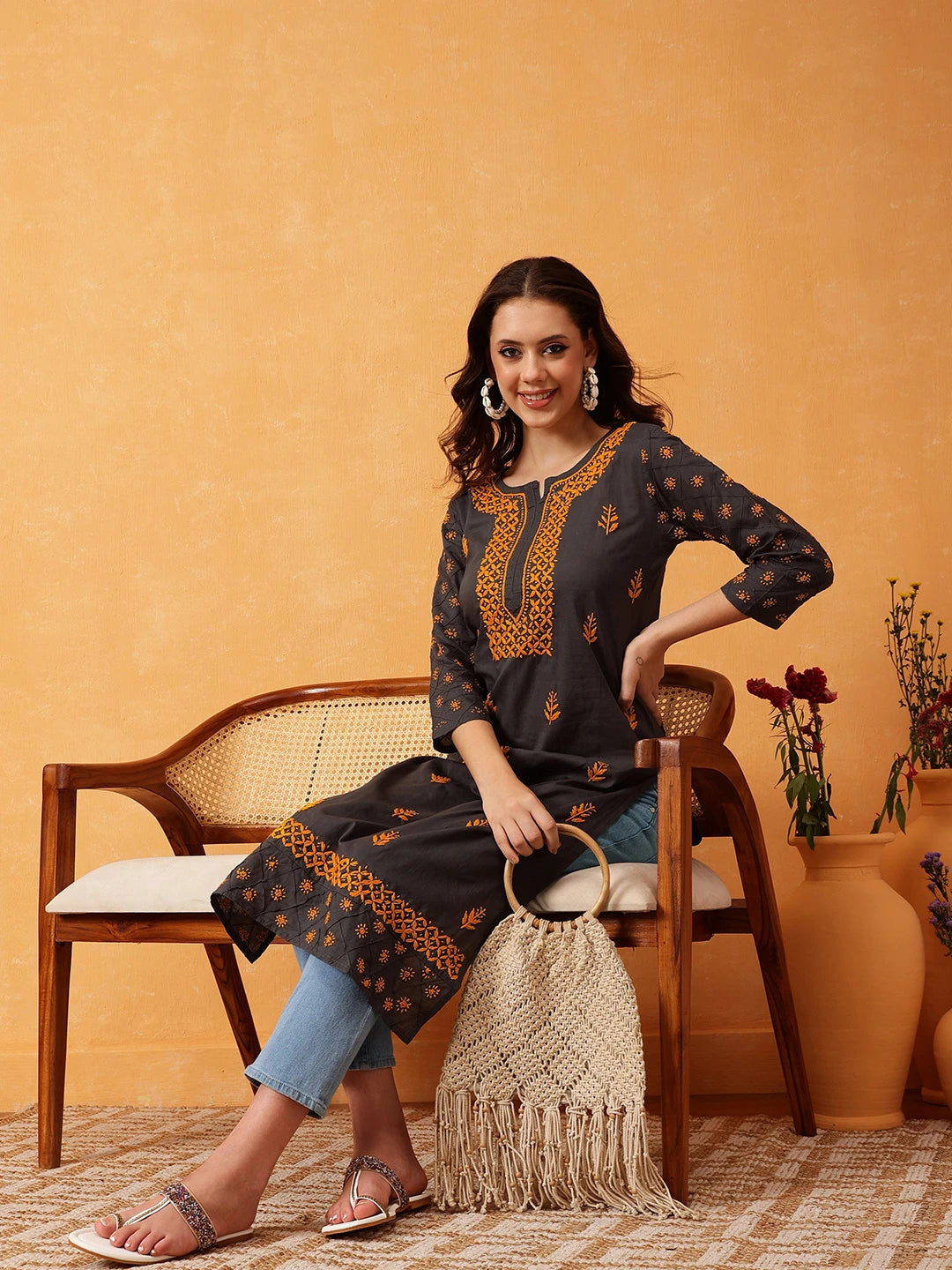 Ada Hand Embroidered Grey Cotton Lucknowi Chikankari Straight Kurta A411149