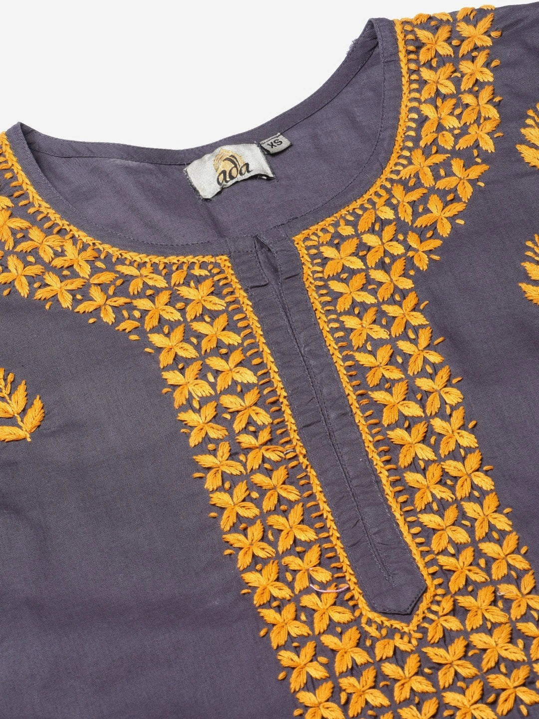 Ada Hand Embroidered Grey Cotton Lucknowi Chikankari Straight Kurta A411149