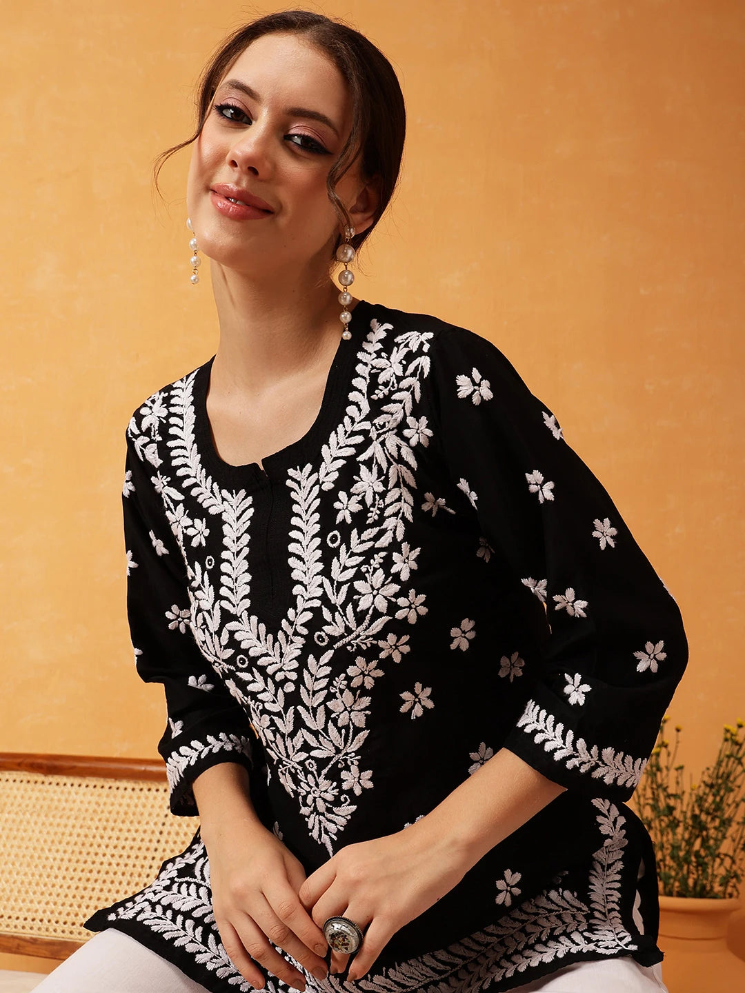 Ada Hand Embroidered Black Muslin Lucknowi Chikankari Short Kurti A911419