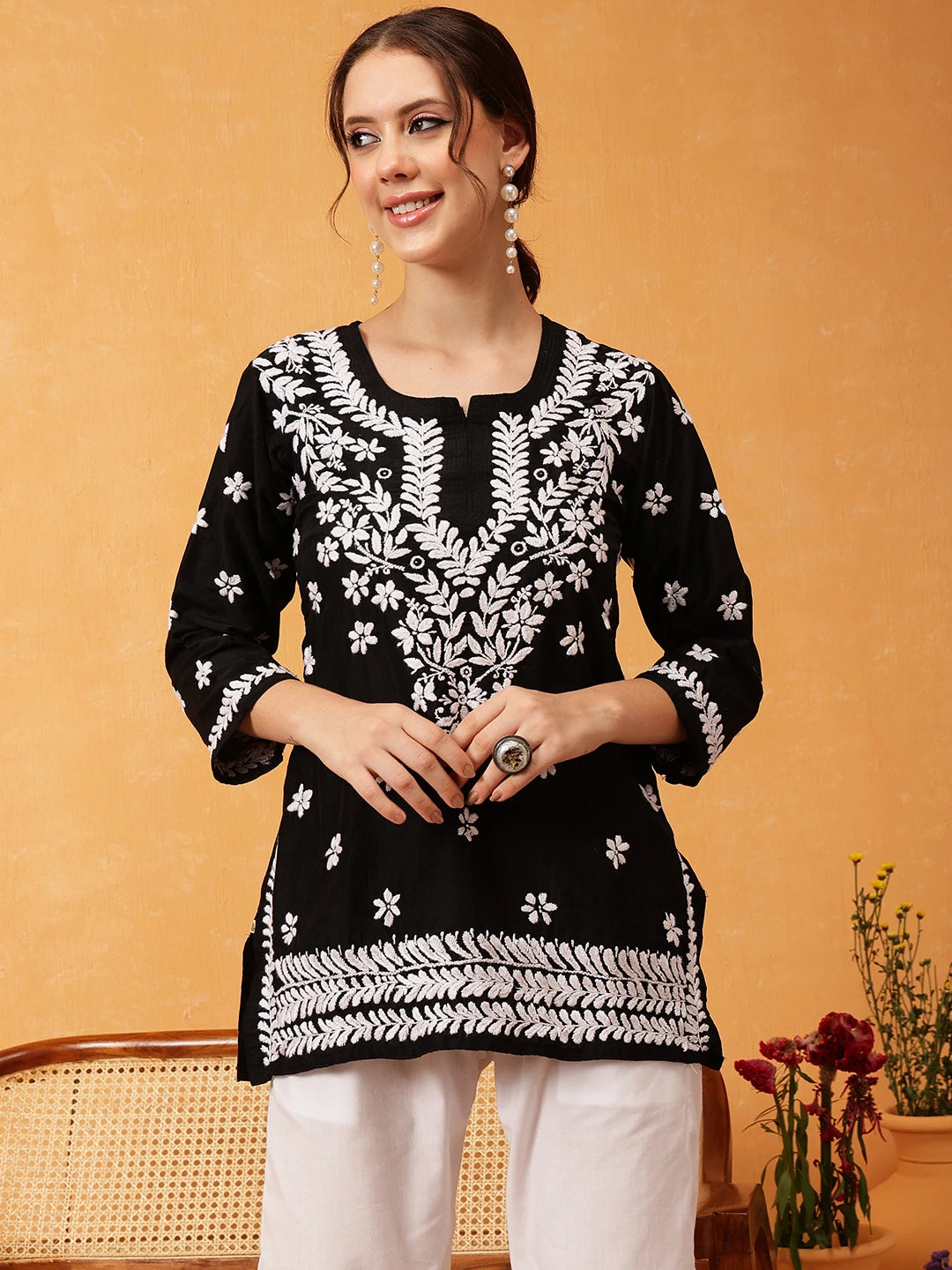 Ada Hand Embroidered Black Muslin Lucknowi Chikankari Short Kurti A911419