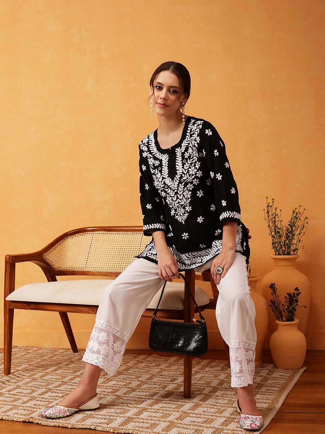Ada Hand Embroidered Black Muslin Lucknowi Chikankari Short Kurti A911419