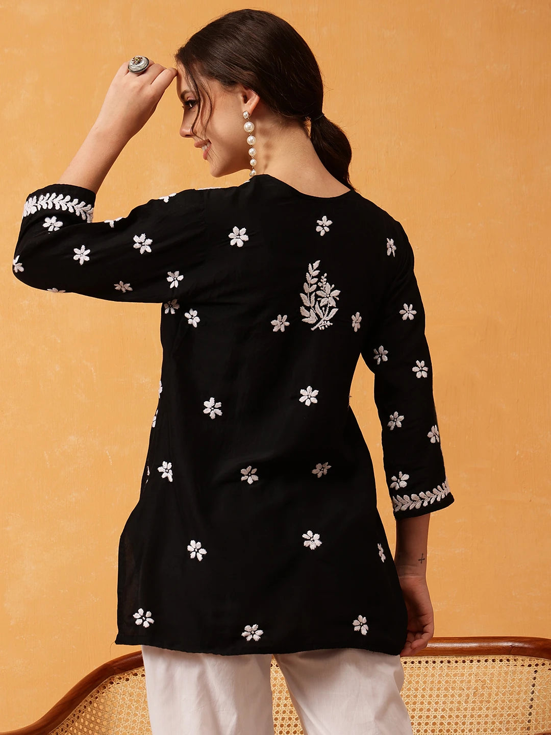Ada Hand Embroidered Black Muslin Lucknowi Chikankari Short Kurti A911419
