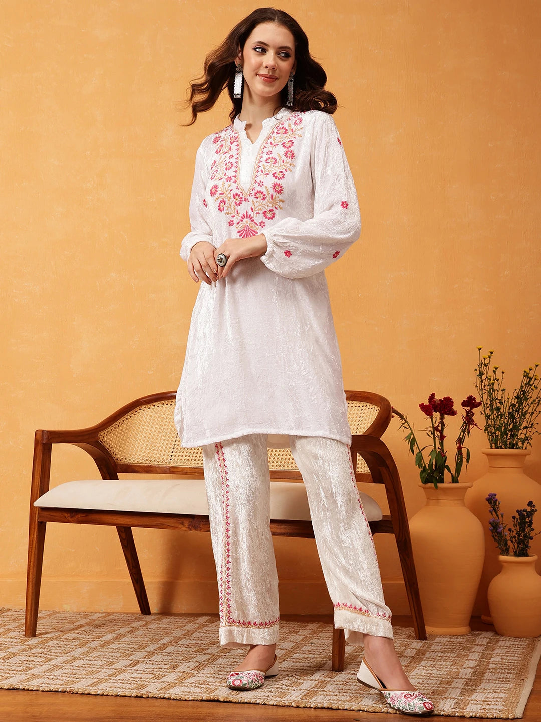 Ada Hand Embroidered White Velvet Lucknowi Chikankari Co-Ord Set 01A561120