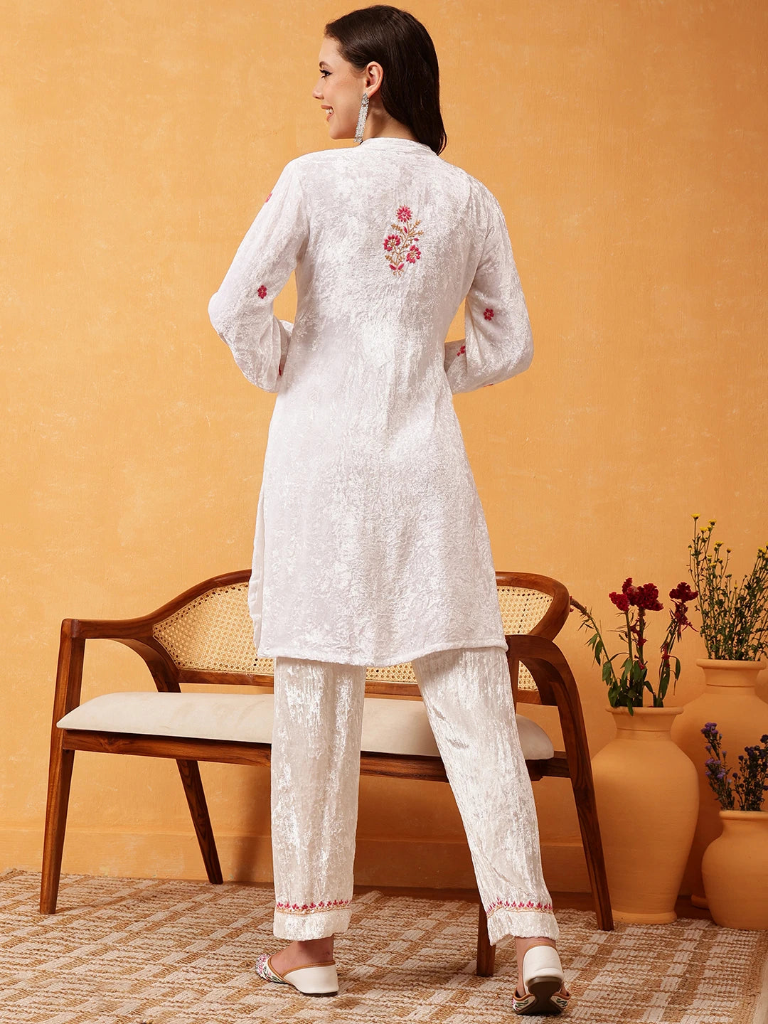 Ada Hand Embroidered White Velvet Lucknowi Chikankari Co-Ord Set 01A561120