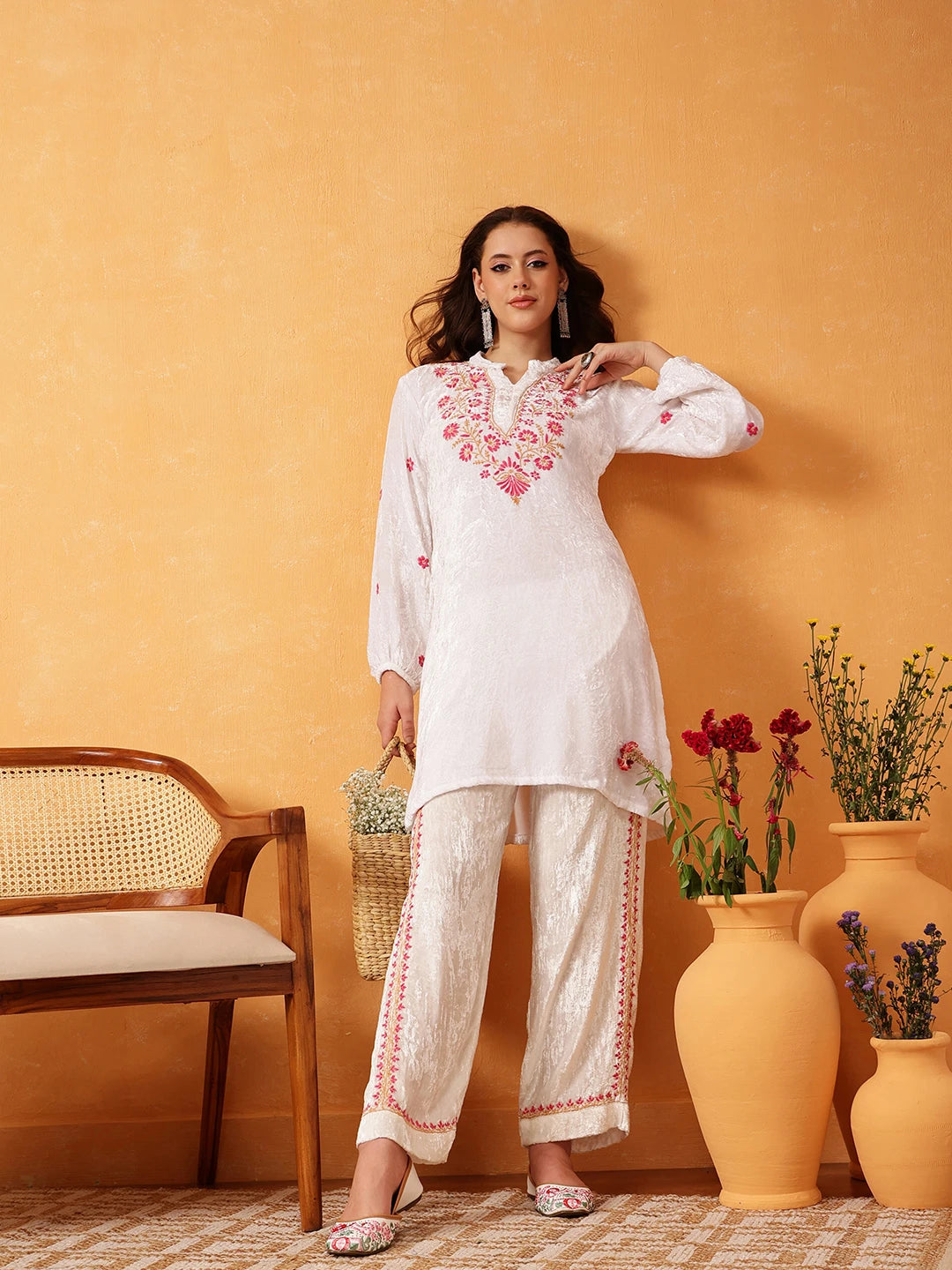 Ada Hand Embroidered White Velvet Lucknowi Chikankari Co-Ord Set 01A561120