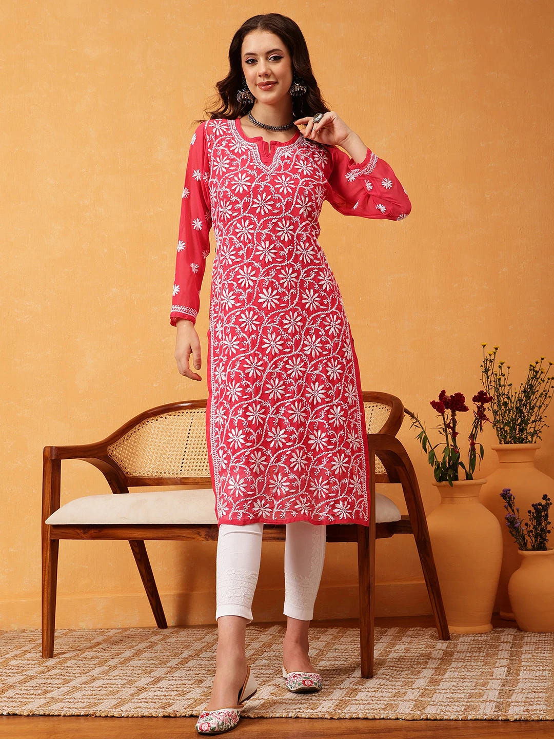 Ada Hand Embroidered Carrot Pink Georgette Lucknow Chikankari Straight Kurta with Slip A107629