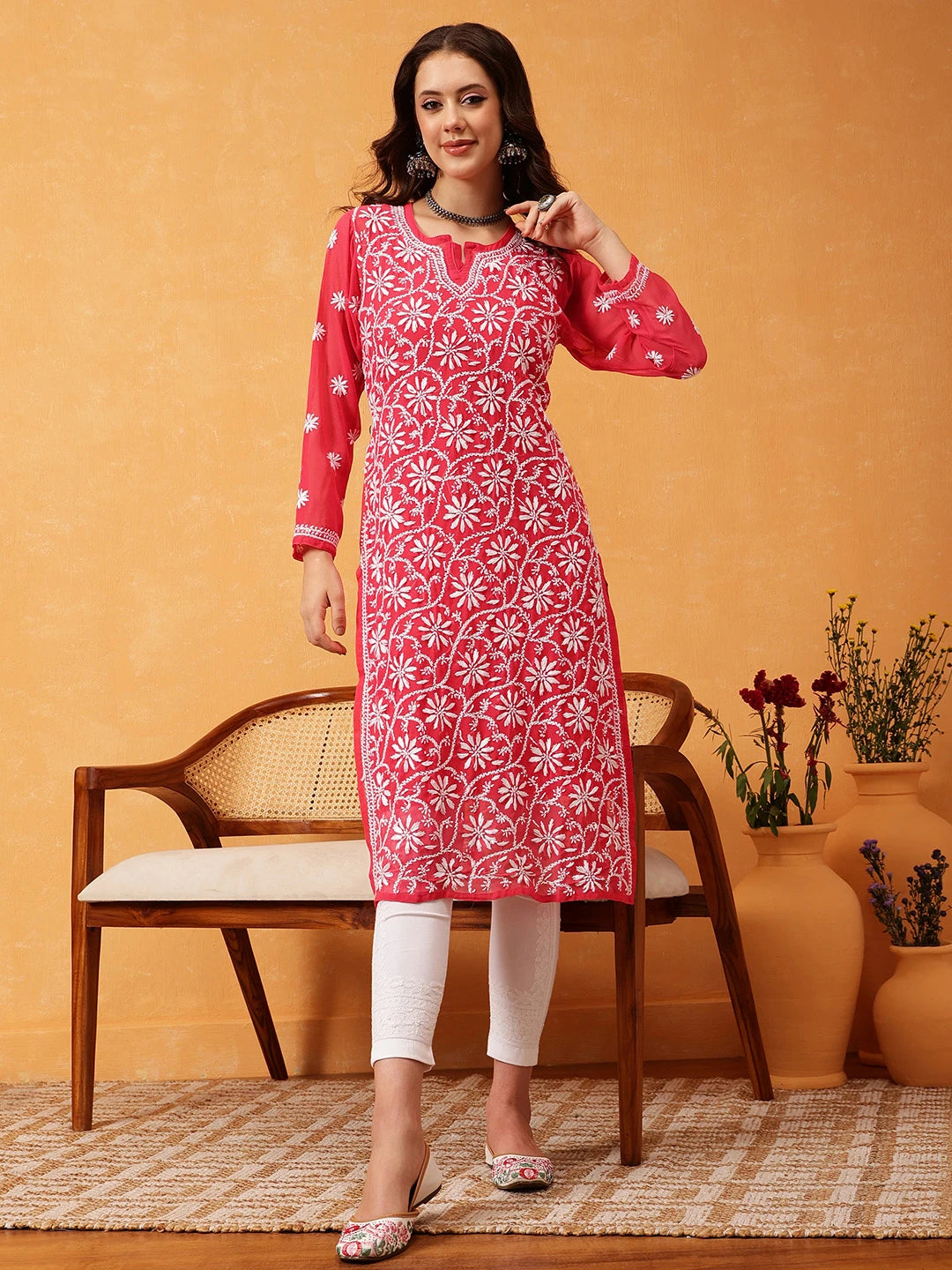 Ada Hand Embroidered Carrot Pink Georgette Lucknow Chikankari Straight Kurta with Slip A107629