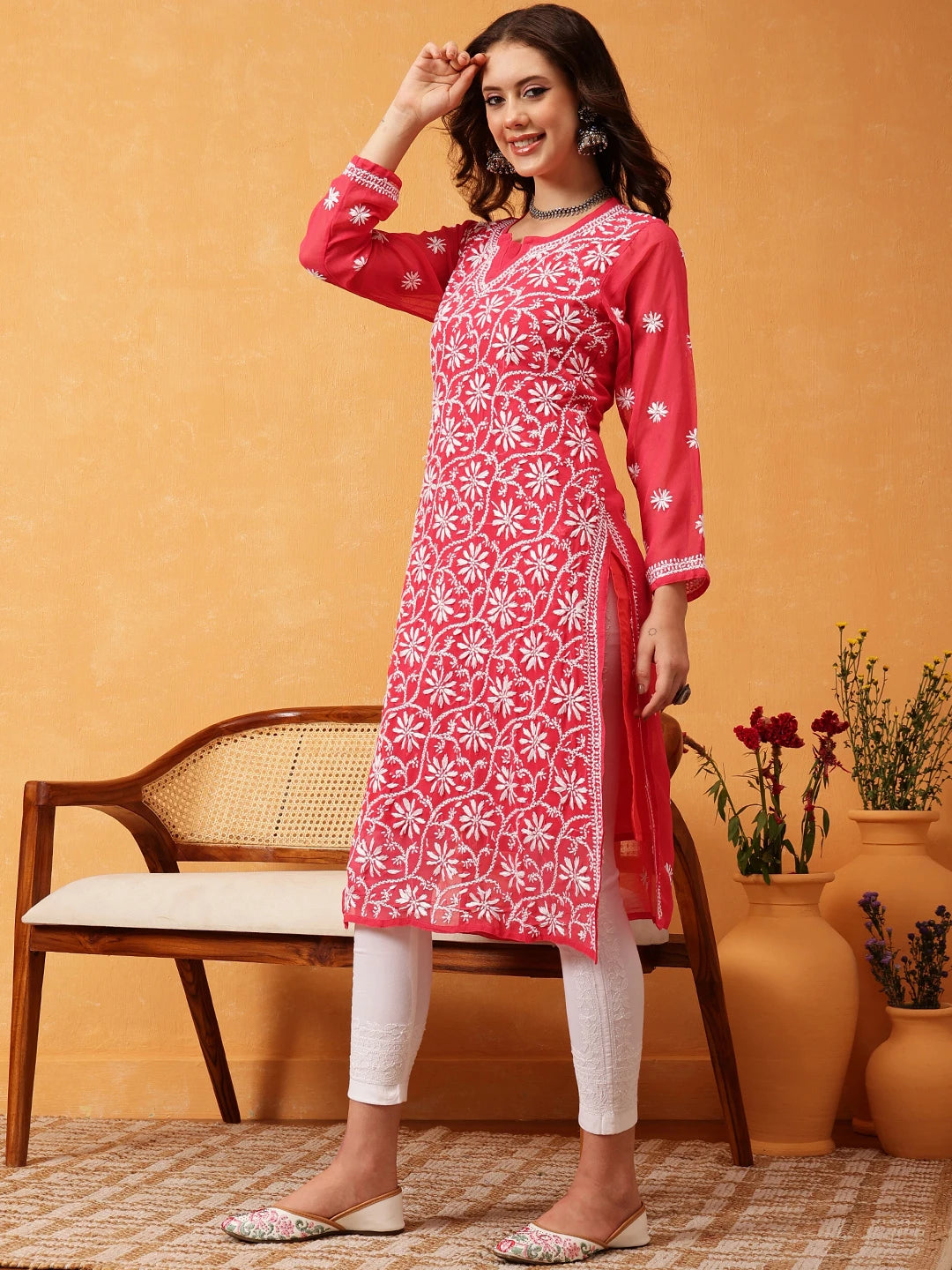 Ada Hand Embroidered Carrot Pink Georgette Lucknowi Chikankari Straight Kurta/Trouser Set With Slip A100562