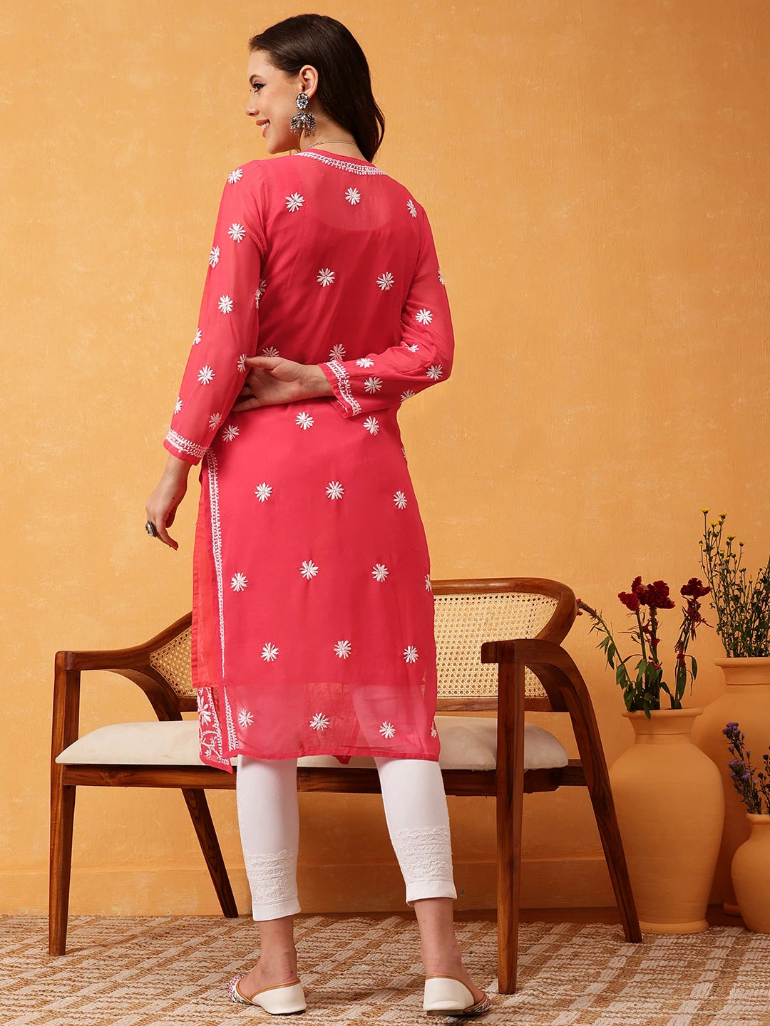 Ada Hand Embroidered Carrot Pink Georgette Lucknowi Chikankari Straight Kurta/Trouser Set With Slip A100562
