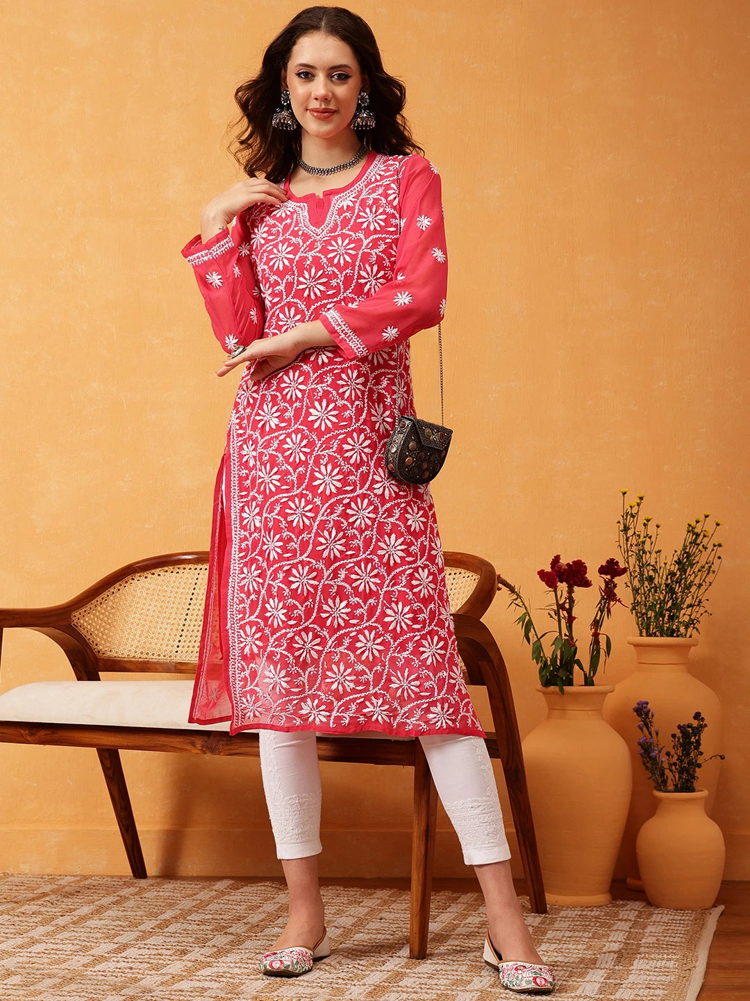 Ada Hand Embroidered Carrot Pink Georgette Lucknow Chikankari Straight Kurta with Slip A107629