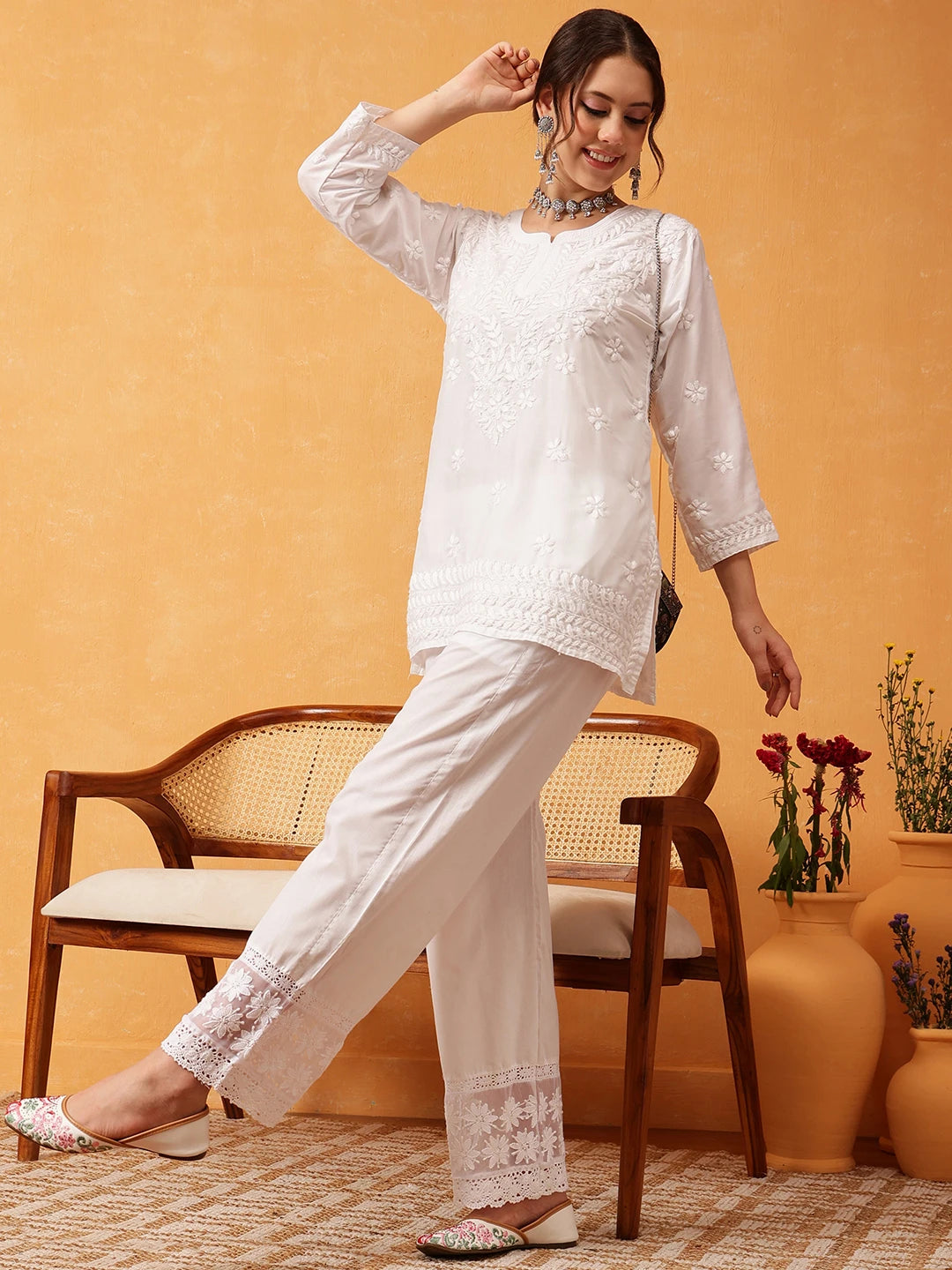 Ada Hand Embroidered White Muslin Lucknowi Chikankari Short Kurti A911425