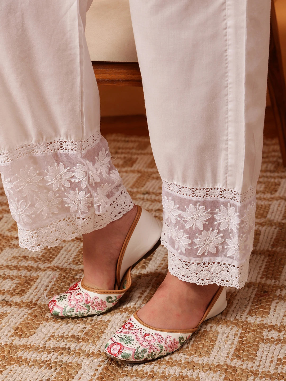 Ada Hand Embroidered White Cotton Lucknowi Chikankari Palazzo A711174