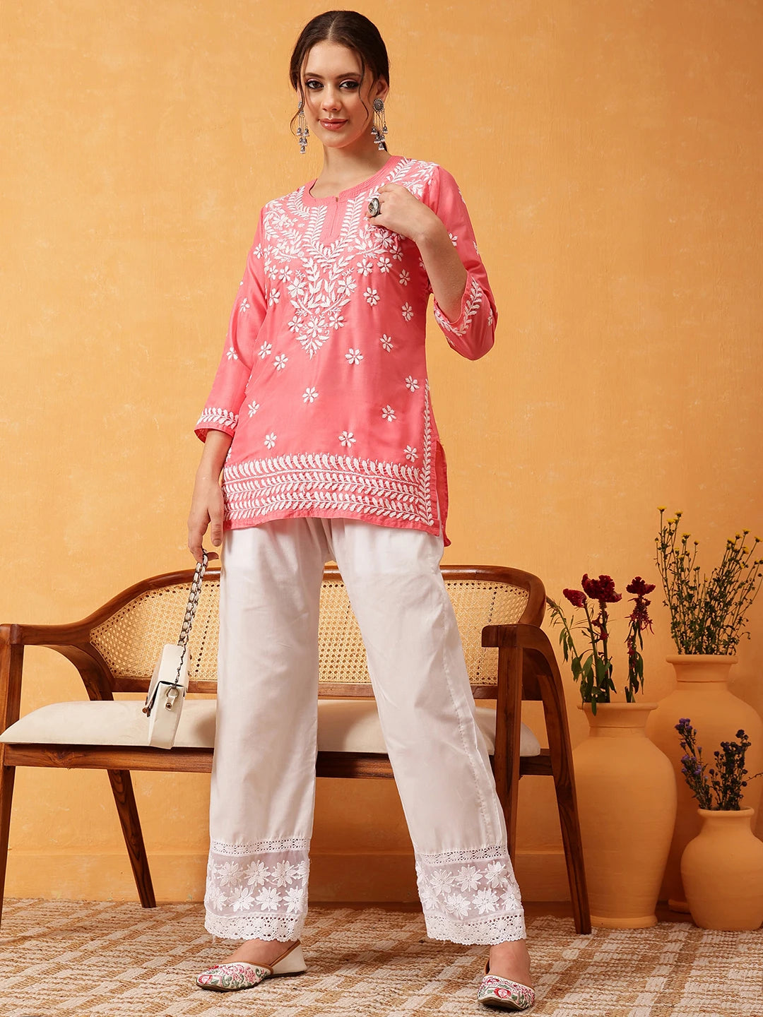 Ada Hand Embroidered White Cotton Lucknowi Chikankari Palazzo A711174