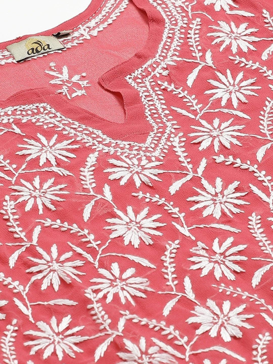 Ada Hand Embroidered Carrot Pink Georgette Lucknow Chikankari Straight Kurta with Slip A107629