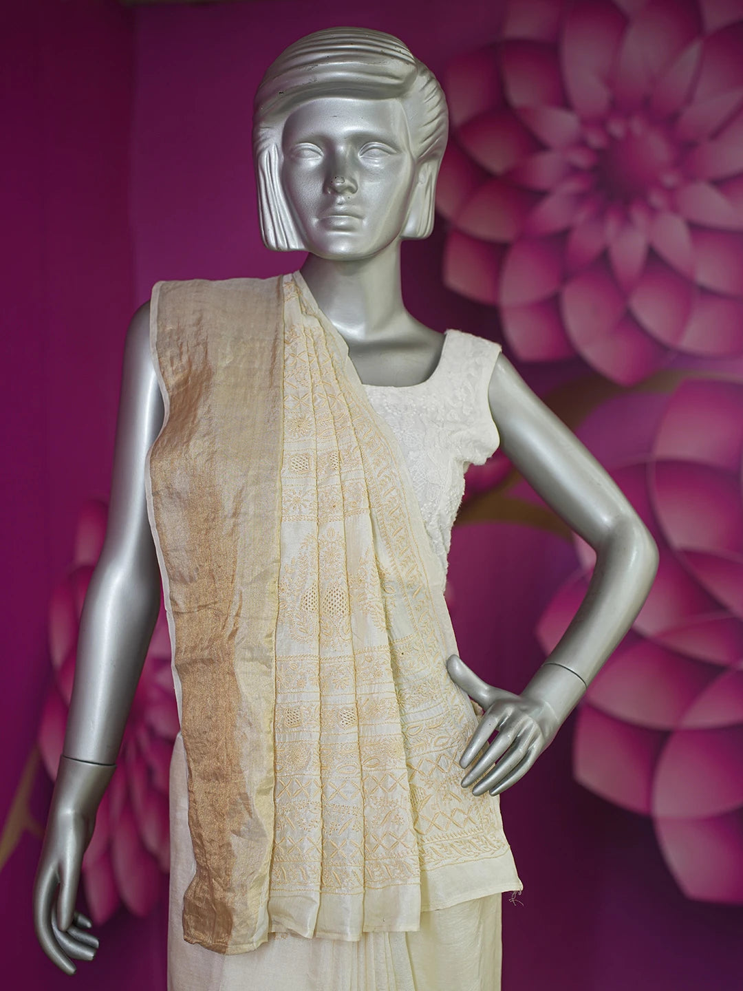 Ada Hand Embroidered Fawn Silk Lucknowi Chikankari Saree With Blouse 01A631622