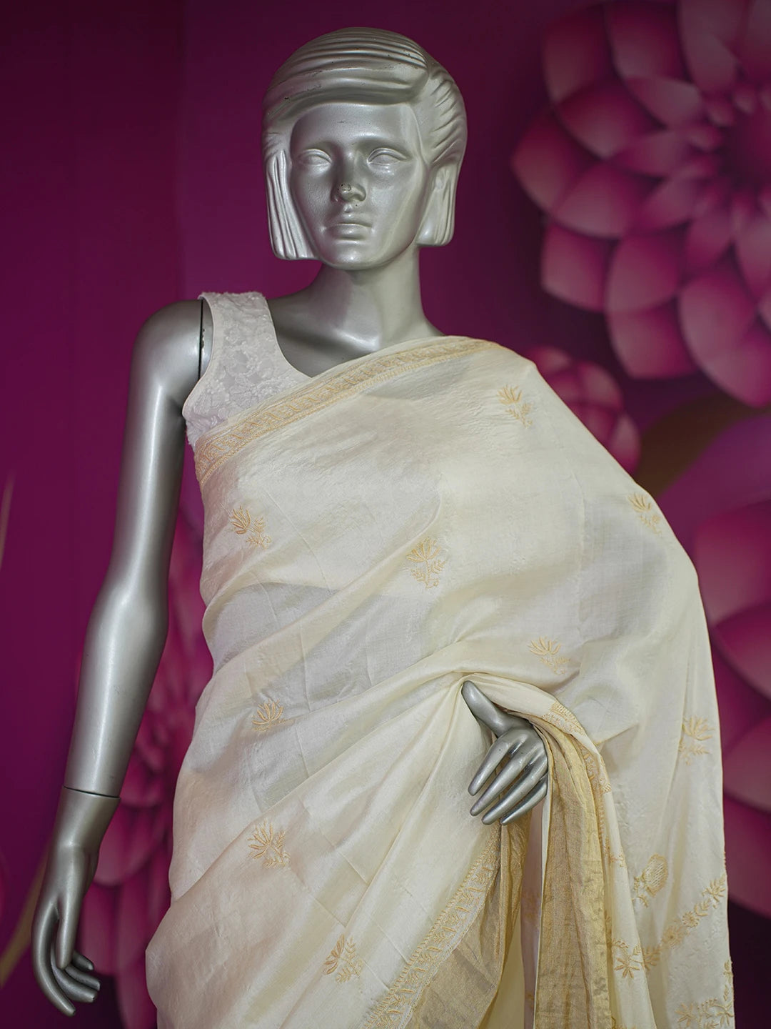 Ada Hand Embroidered Fawn Silk Lucknowi Chikankari Saree With Blouse 01A631622