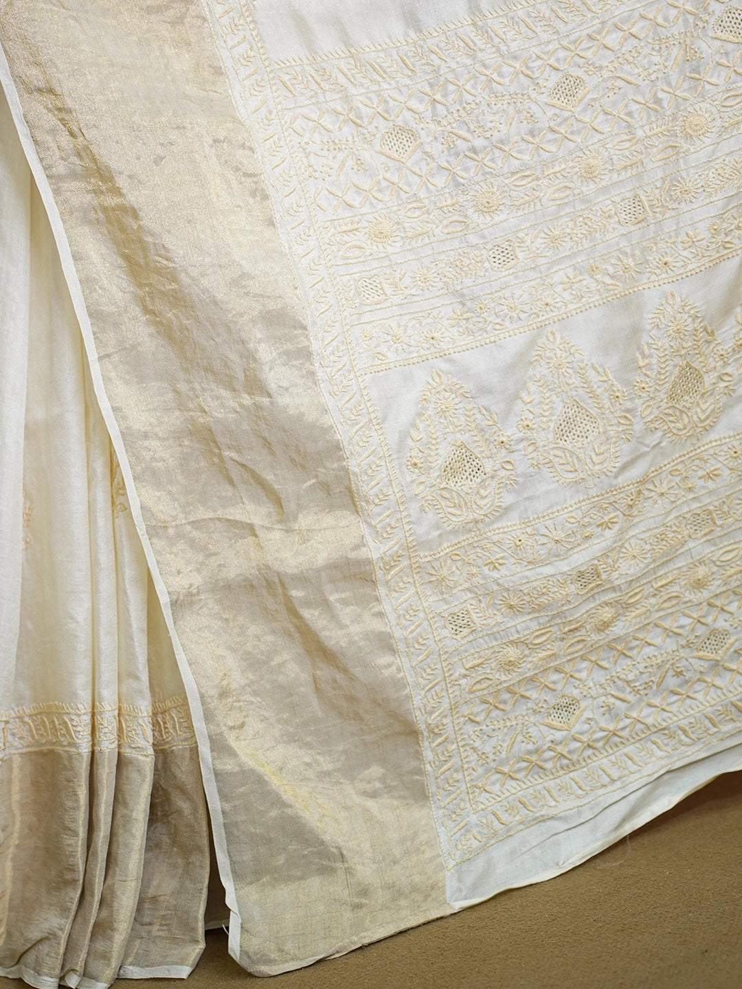 Ada Hand Embroidered Fawn Silk Lucknowi Chikankari Saree With Blouse 01A631622