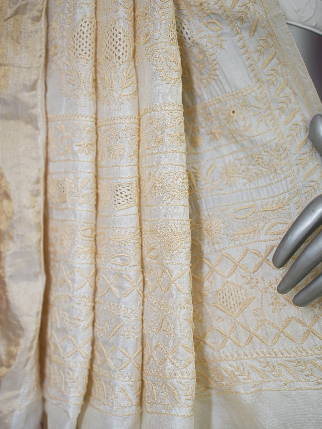 Ada Hand Embroidered Fawn Silk Lucknowi Chikankari Saree With Blouse 01A631622