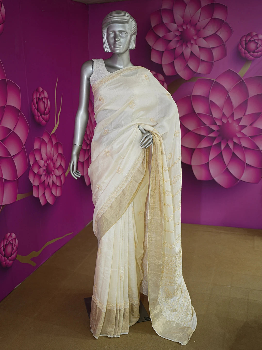 Ada Hand Embroidered Fawn Silk Lucknowi Chikankari Saree With Blouse 01A631622