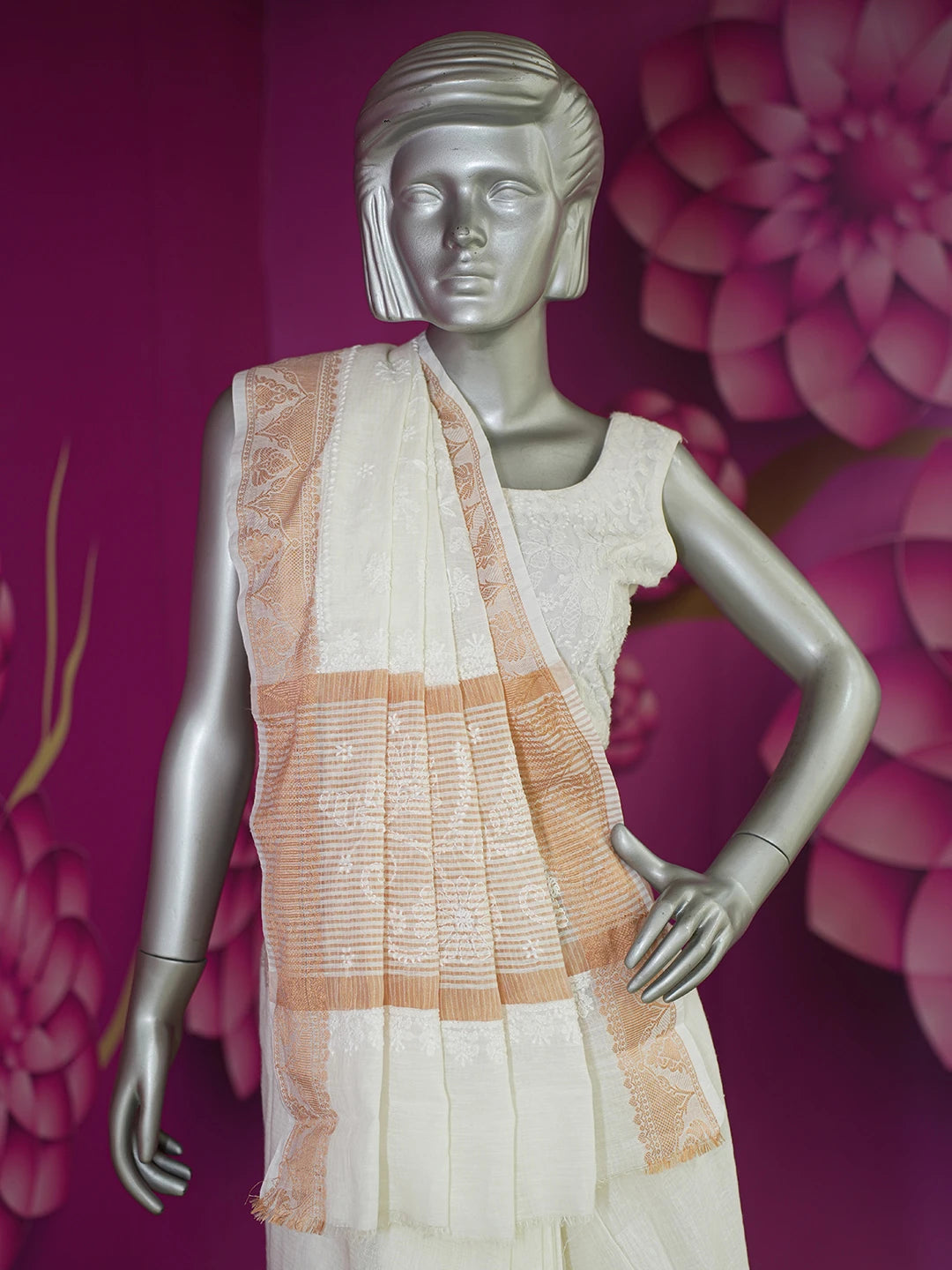 Ada Hand Embroidered Off White Chanderi Lucknowi Chikankari Saree With Blouse 01A592680