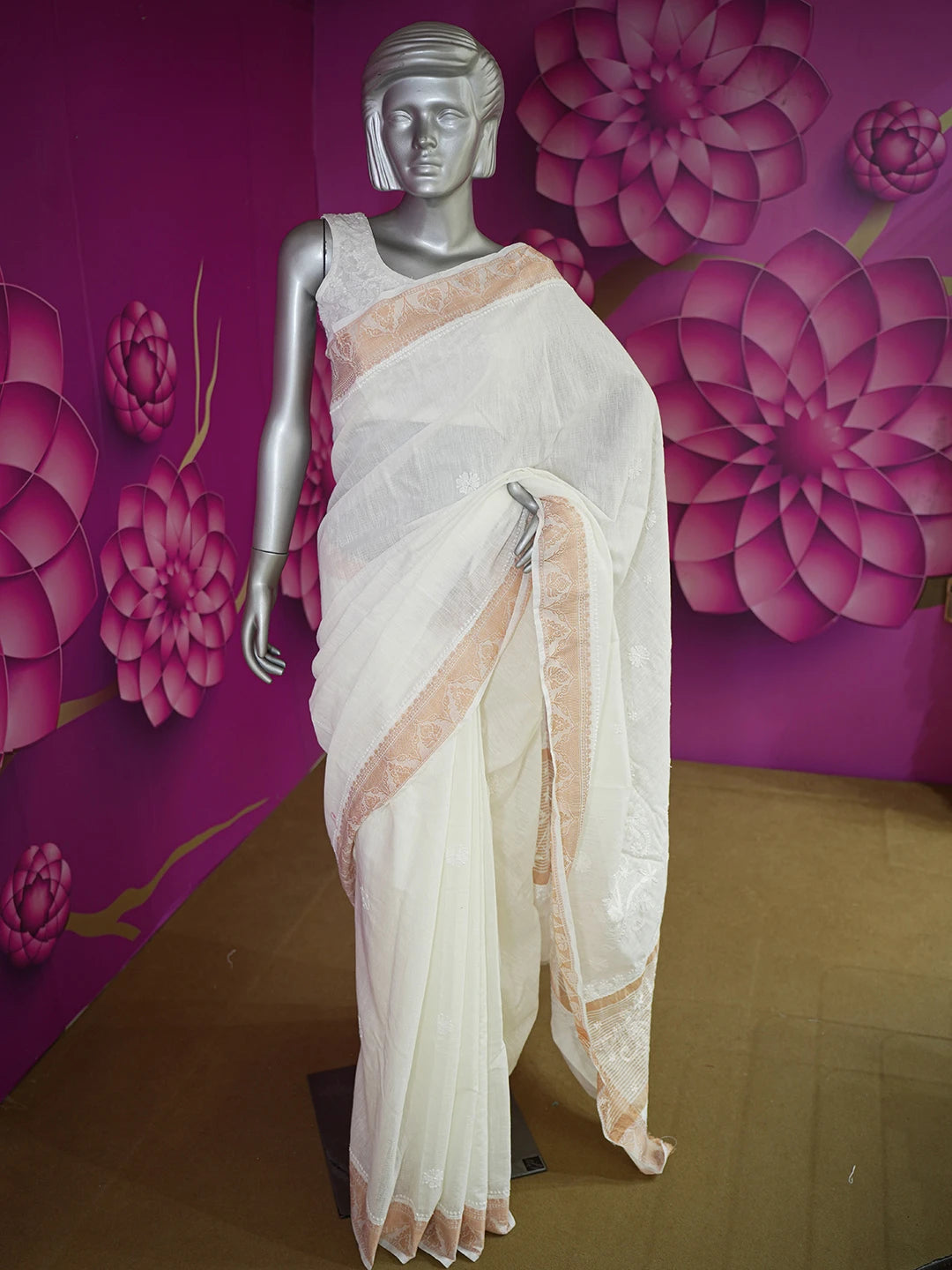 Ada Hand Embroidered Off White Chanderi Lucknowi Chikankari Saree With Blouse 01A592680
