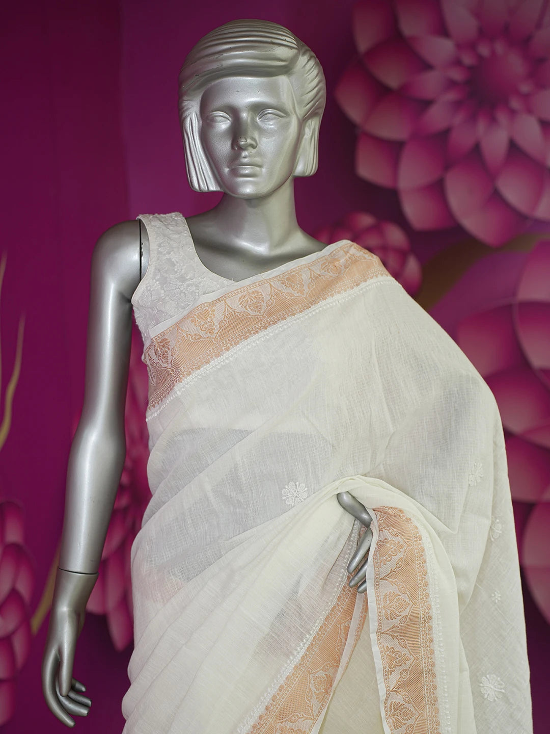 Ada Hand Embroidered Off White Chanderi Lucknowi Chikankari Saree With Blouse 01A592680